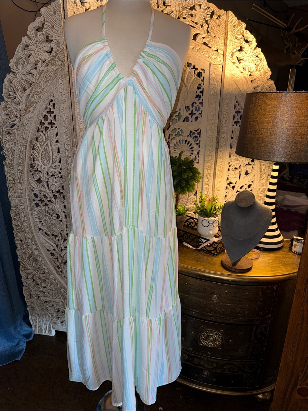 Almost Famous White Halter Maxi Dress with Pastel Stripes